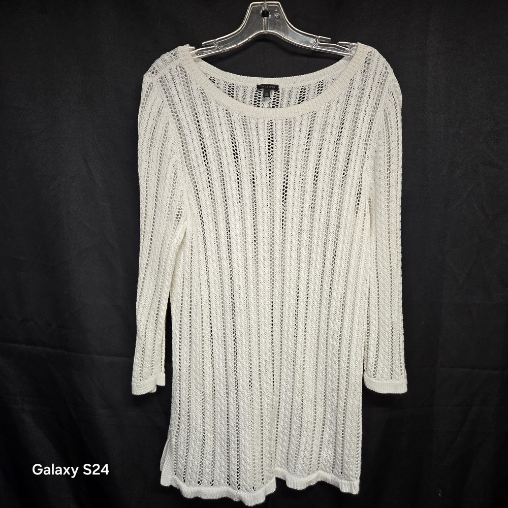 Talbots 0X Ivory Open Knit Crochet 3/4 Sleeve Sweater Top